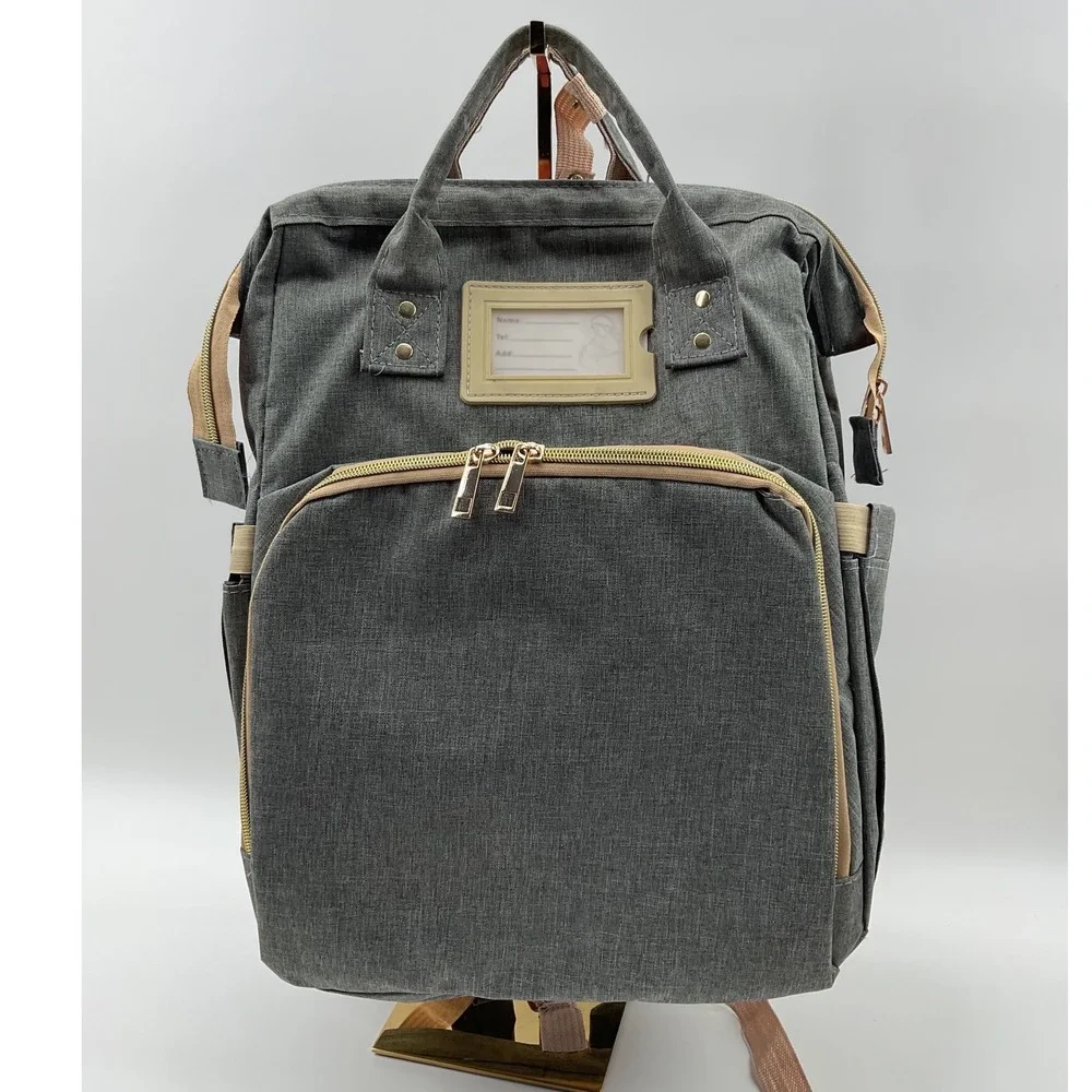 Gray Diaper Bag Backpack with USB Port Gold Hardware Stroller Straps Heathered